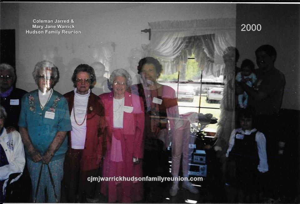 2000 – Descendants Age 80 or Older: Sallie Hudson Roberts, Juanita Hudson Whitfield, Janie Doll Hudson Bradsher Wallace, Virginia Hudson Hicks, Annie Lou Barnhill Lee and Elena Sutton Hudson.