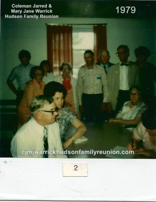 1979 - Family of Hollie: [Tom Hudson and Edith Sykes in foreground are Family of Charlie], Rex Outlaw, Husband of Lynn; Lossie Shipp, Daughter of Burtus, Granddaughter of Holly; Lynn Outlaw, Daughter of Oliver Faulk, Granddaughter of Kate, Great Granddaug