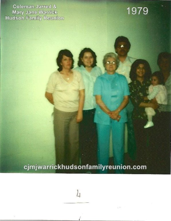 1979 – Family of Sam: 
Front Row – Gwen Williams, Juanita Hudson Whitfield, Rita Hudson (holding her daughter) Kimberly Hudson [LeDonne]; Second Row – Cheryl Williams [Perry] [Woodring], Sam Hudson, Gertrude Hudson.
