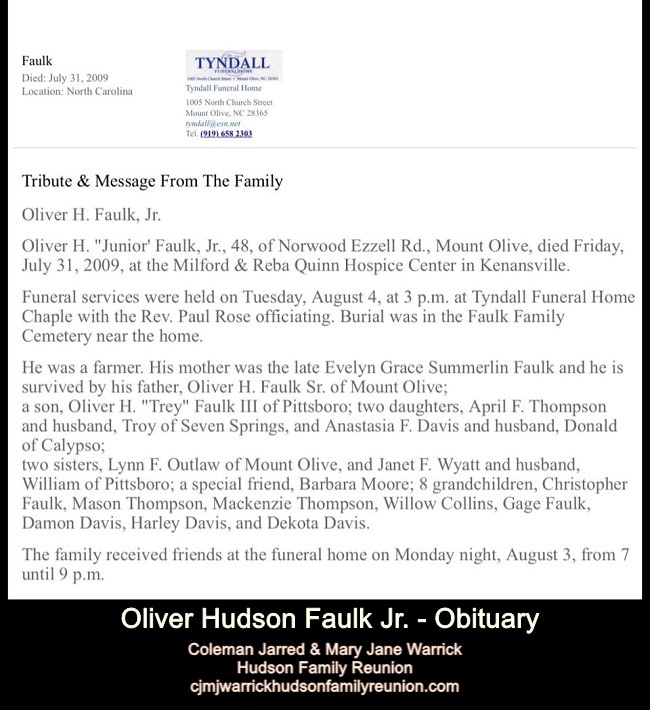 Oliver Hudson Faulk Jr. - Obituary