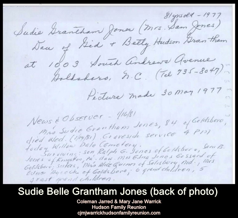 Sudie Belle Grantham Jones (back of photo)
