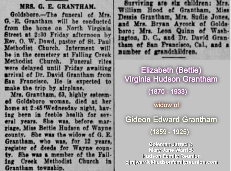 Elizabeth (Bettie) Virginia Hudson Grantham - Obituary