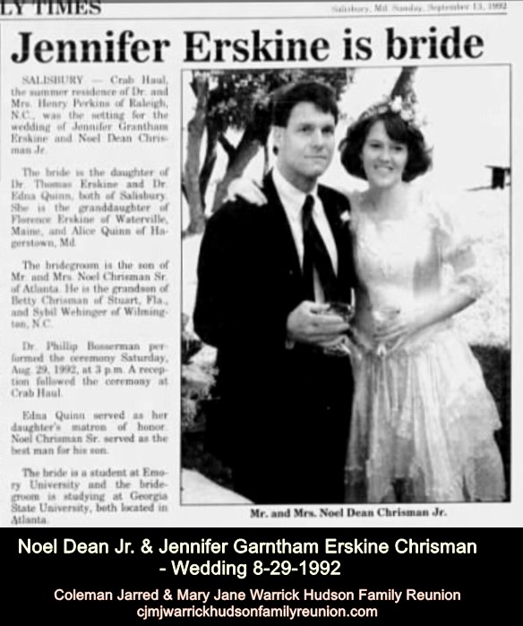 Noel Dean Jr. & Jennifer Garntham Erskine Chrisman - Wedding 8-29-1992