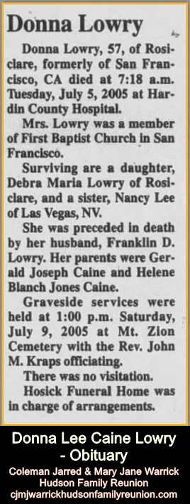 Donna Lee Caine Lowry - Obituary