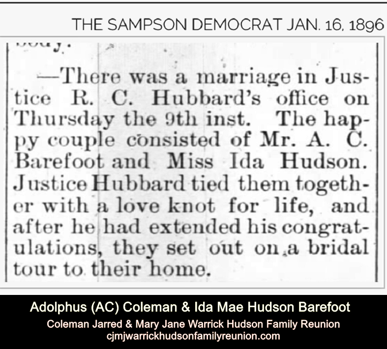 Ida Hudson Barefoot/A.C. Barefoot wedding announcement. 1896