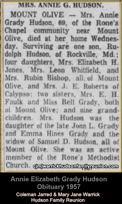 Annie Elizabeth Grady Hudson - Obituary 1957