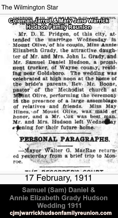 Samuel (Sam) Daniel & Annie Elizabeth Grady Hudson - Wedding - 1911