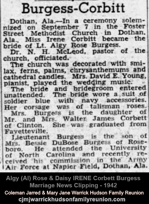 Algy (Al) Rose & Daisy IRENE Corbett Burgess - Marriage News Clipping - 1942
