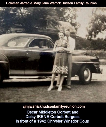 Oscar Middleton Corbett and Daisy IRENE Corbett Burgess in front of a 1942 Chrysler Winsdor Coup 