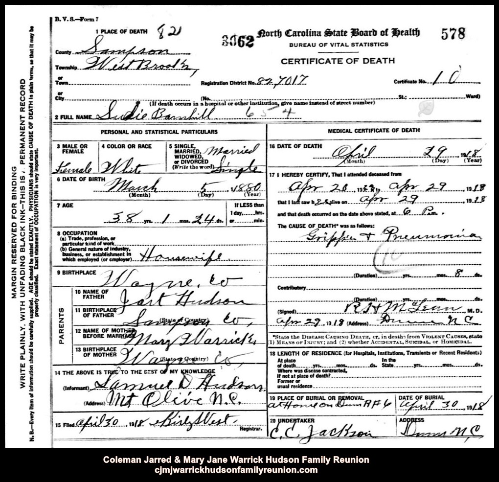 CJ & MJ - 1918, 4-19 - Death Certificate - Sudie Barnhill