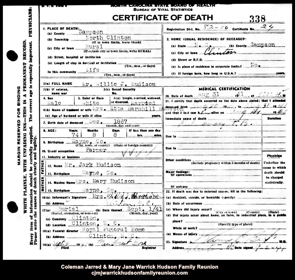 CJ & MJ - 1941, 8-31 - Death Certificate - Willie J. Hudson