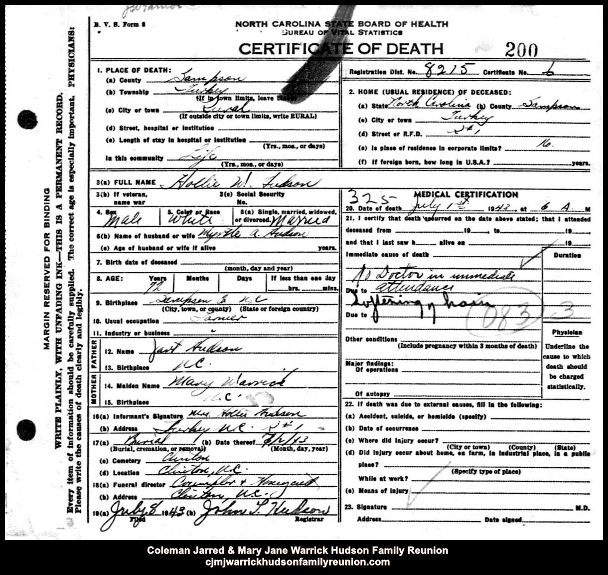 CJ & MJ - 1943, 7-1 - Death Certificate - Hollie W. Hudson
