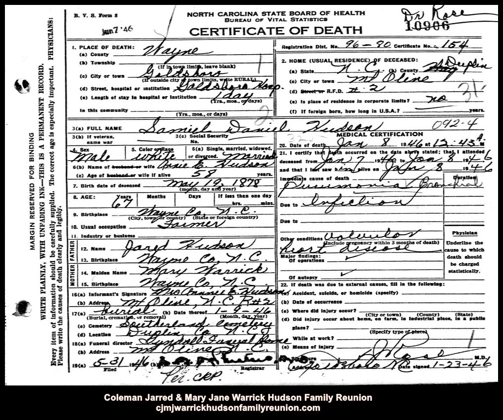 CJ & MJ - 1946, 1-8 - Death Certificate - Samuel Daniel Hudson