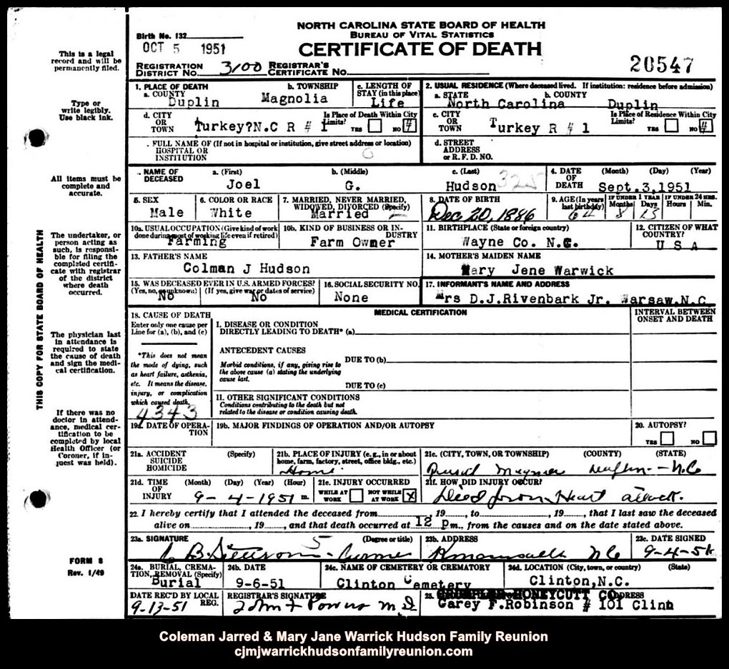 CJ & MJ - 1951, 9-3 - Death Certificate - Joel G. Hudson