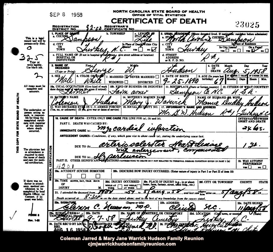 CJ & MJ - 1958, 8-5 - Death Certificate - George Washington Hudson