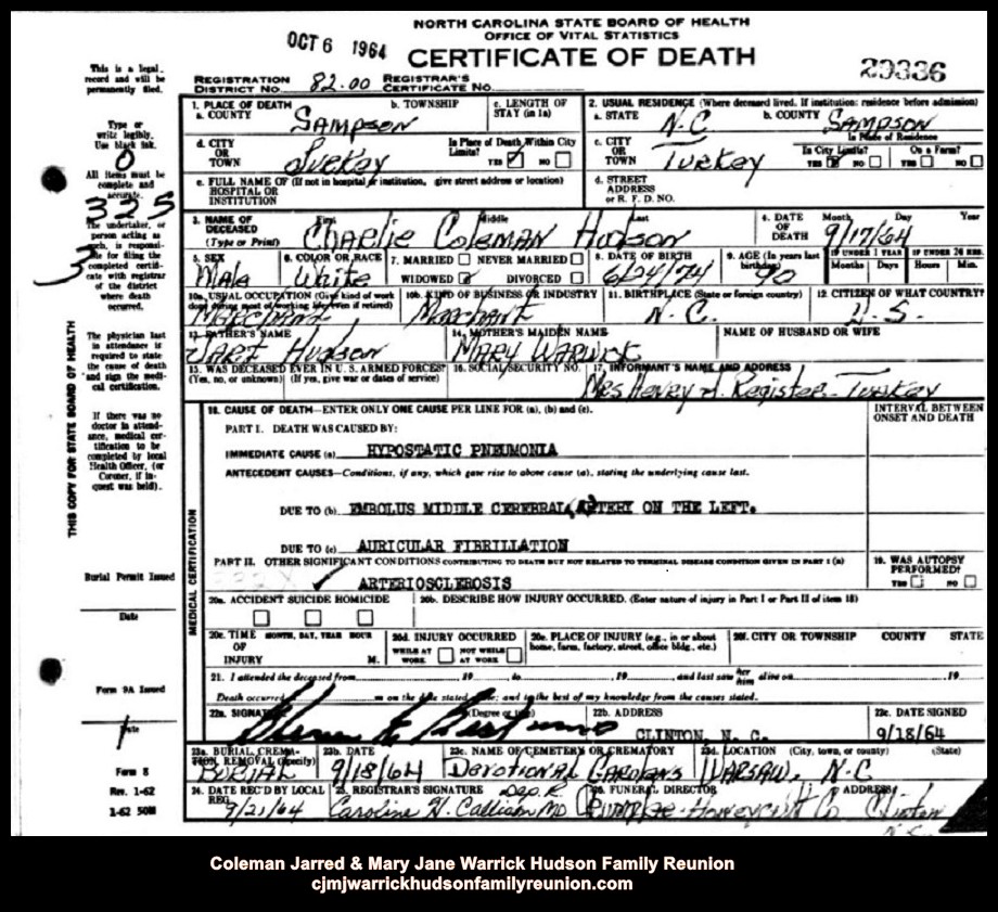 CJ & MJ - 1964, 9-17 - Death Certificate - Charlie Coleman Hudson
