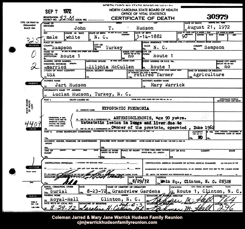 CJ & MJ - 1972, 8-21-Death Certificate - John T. Hudson