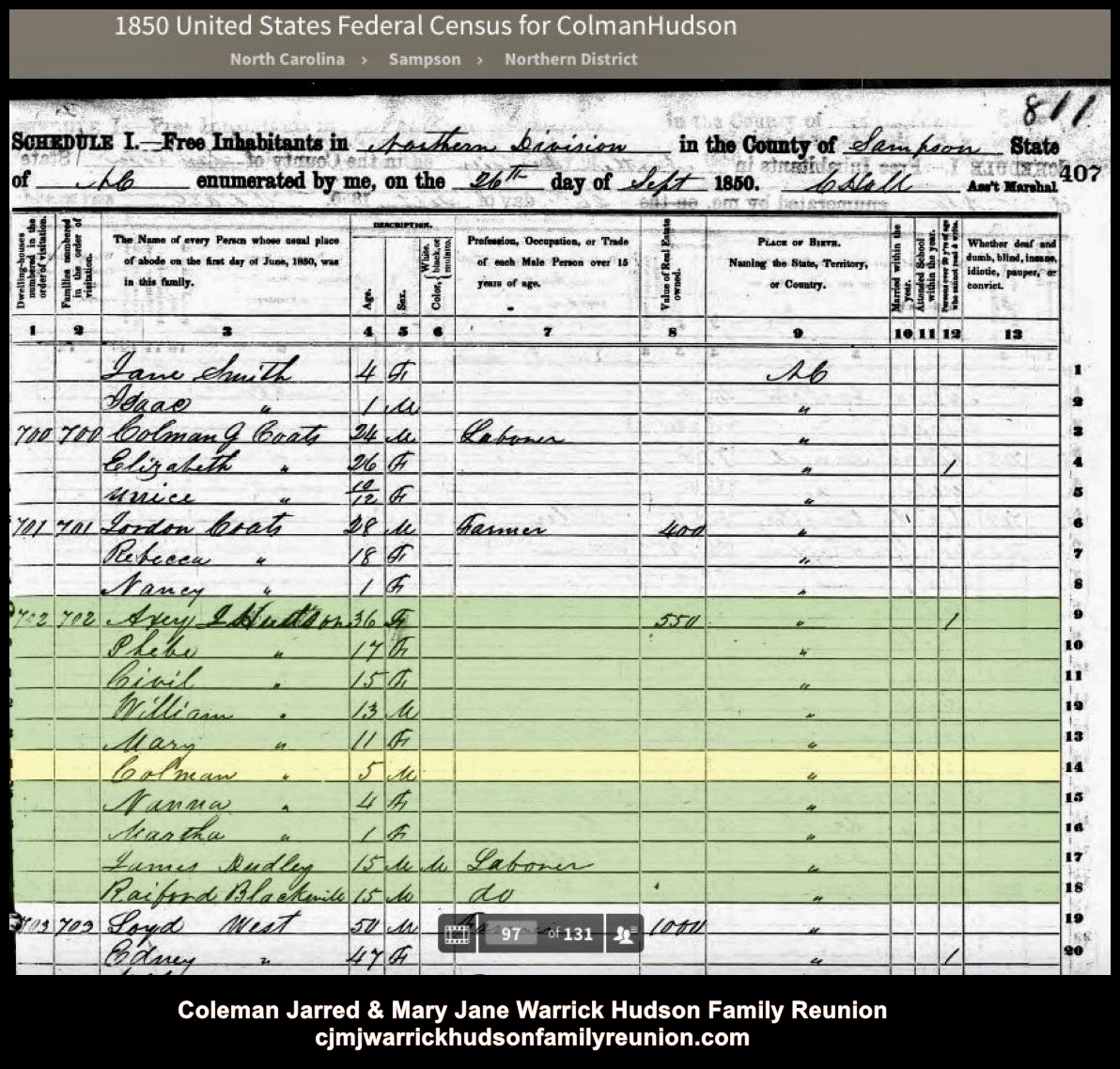 1850 - Census - CJ's Mother's  Household (1)