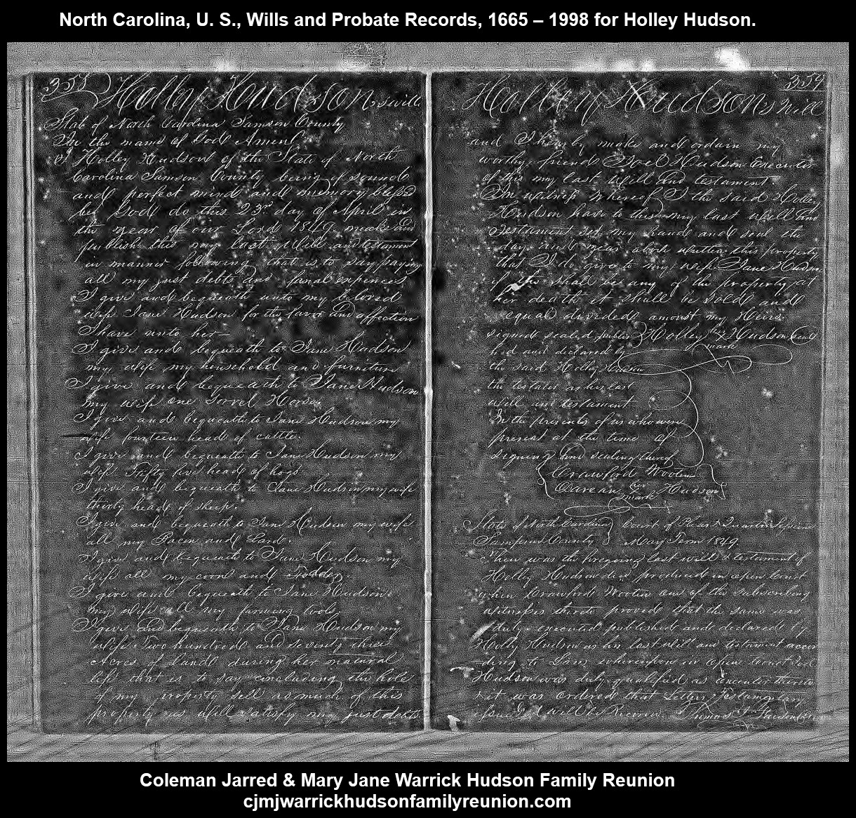1849, 4-23 -  Holley Hudson's Will  (Inverted Print Colors) (Both Pages)