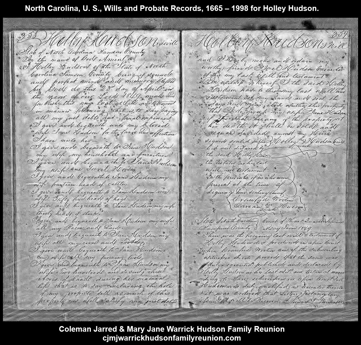 1849, 4-23 -  Holley Hudson's Will (Father of CJ) (Both Pages)