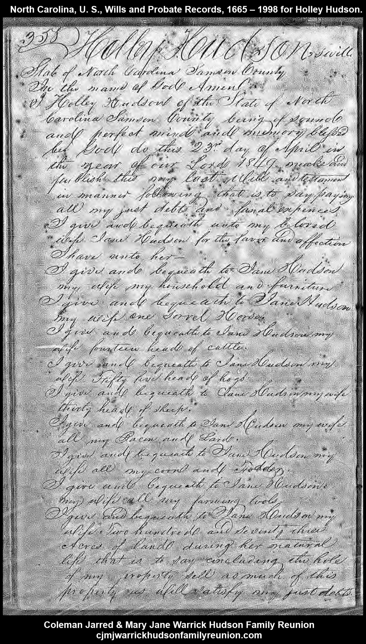 1849, 4-23 -  Holley Hudson's Will (Father of CJ) - (Page 1 of 2)