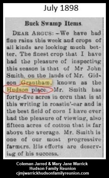1898, 7-0 -Reference to Hudson Place in Grantham, NC.