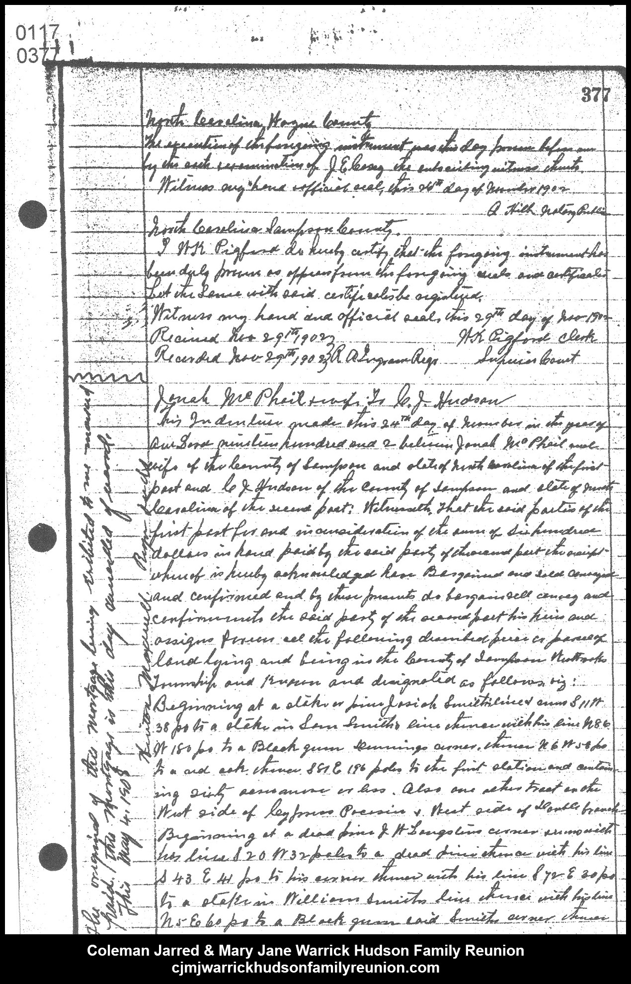 1902, 11-29 - Deed - CJ to Jonah McPhail & wife (page 1 of 3)