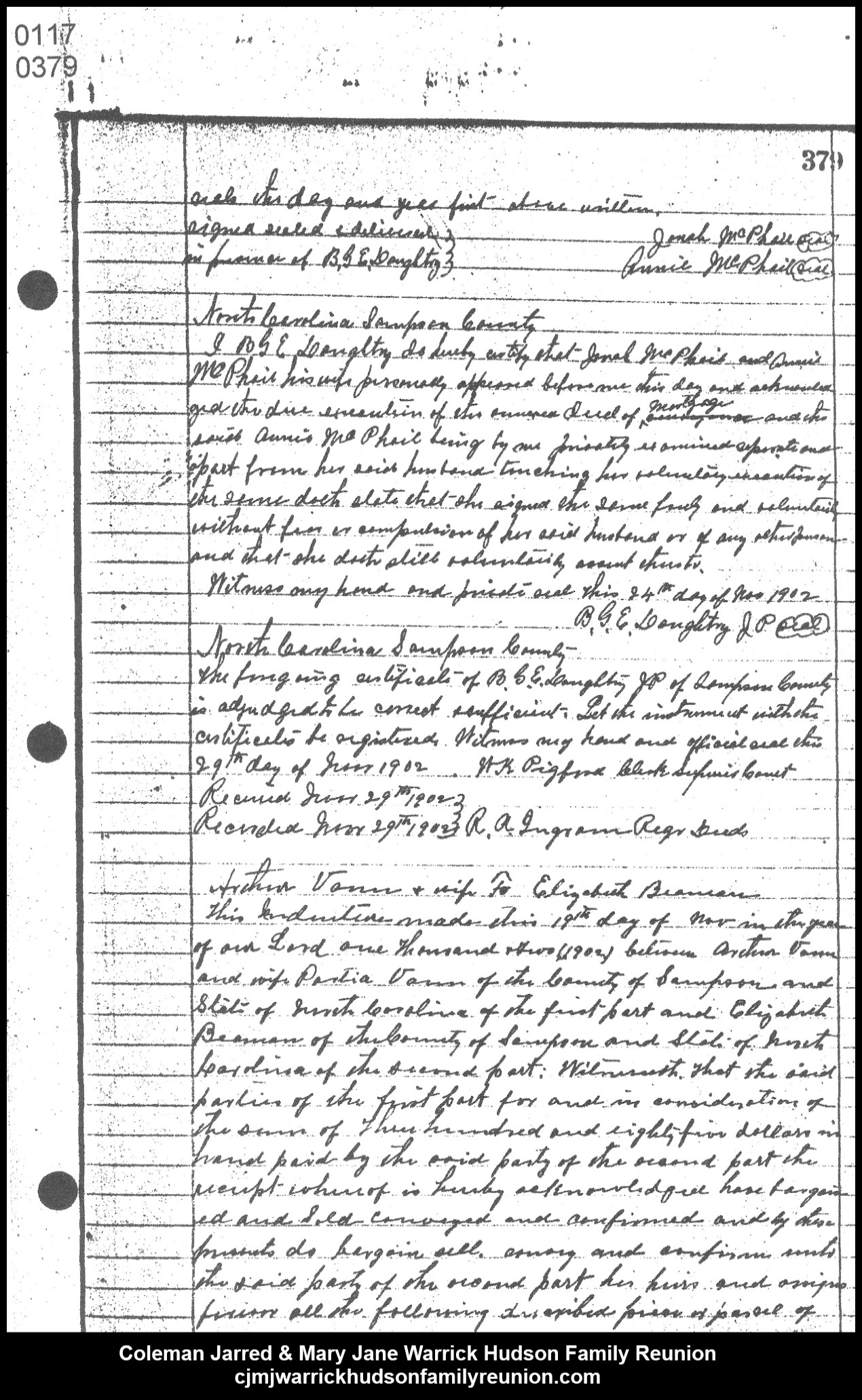 1902, 11-29 - Deed - CJ to Jonah McPhail & wife (page 3 of 3)