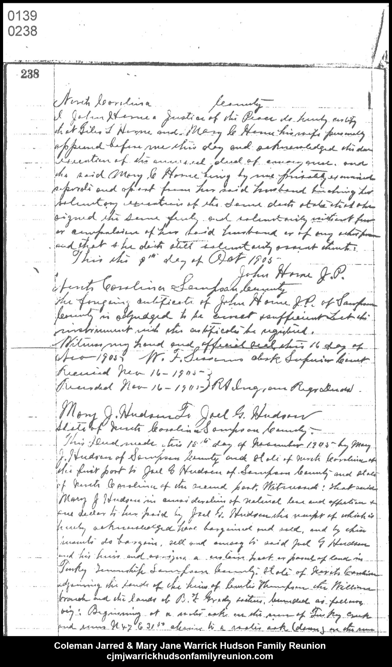 1905, 11-16 - Deed - MJ to Joel G. Hudson (page 1 of 2)