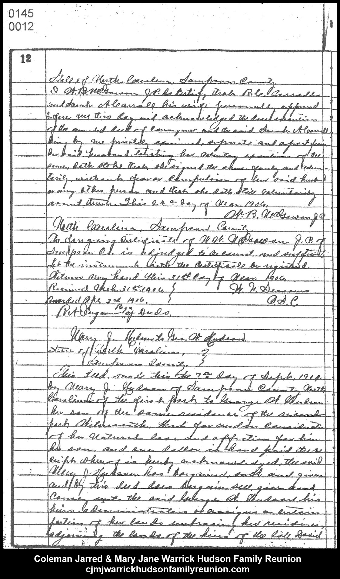1906, 4-3 - Deed - MJ to George W. Hudson (page 1 of 3)