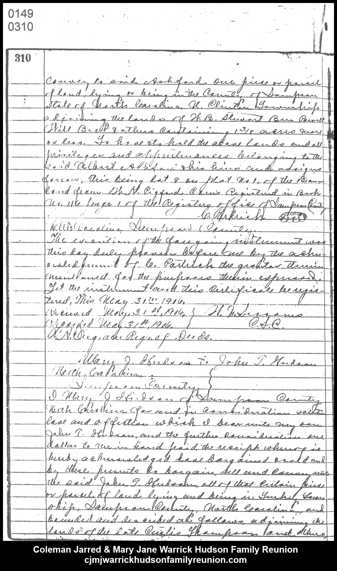 1906, 5-31a - Deed -MJ to John T. Hudson (page 1 of 2)