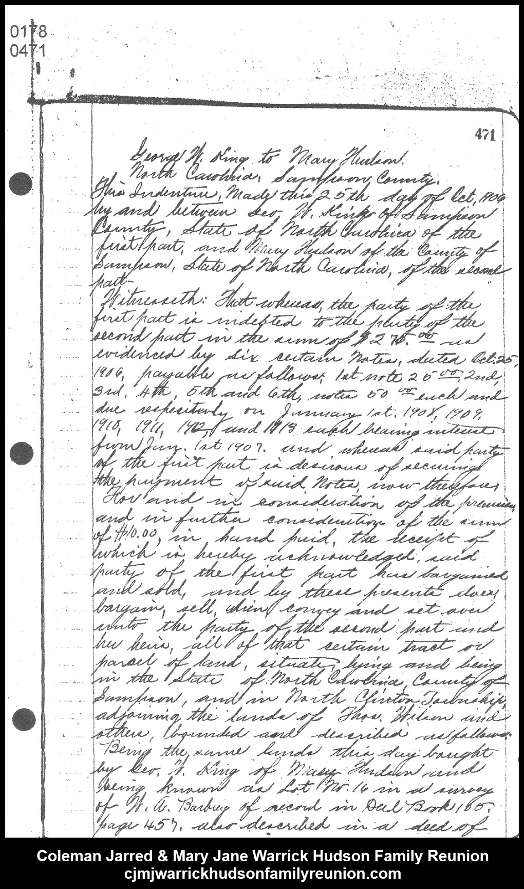 1909, 11-24 - Deed - George W. King to MJ (page 1 of 3)