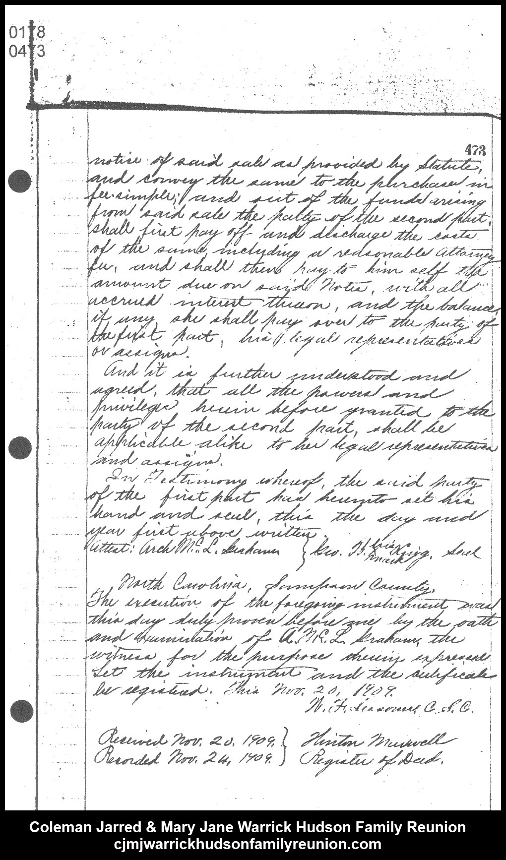 1909, 11-24 - Deed - George W. King to MJ (page 3 of 3)