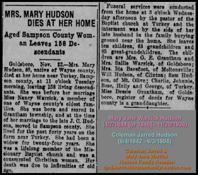 1928, 11-20 - Mary Jane Warrick Hudson - Obituary