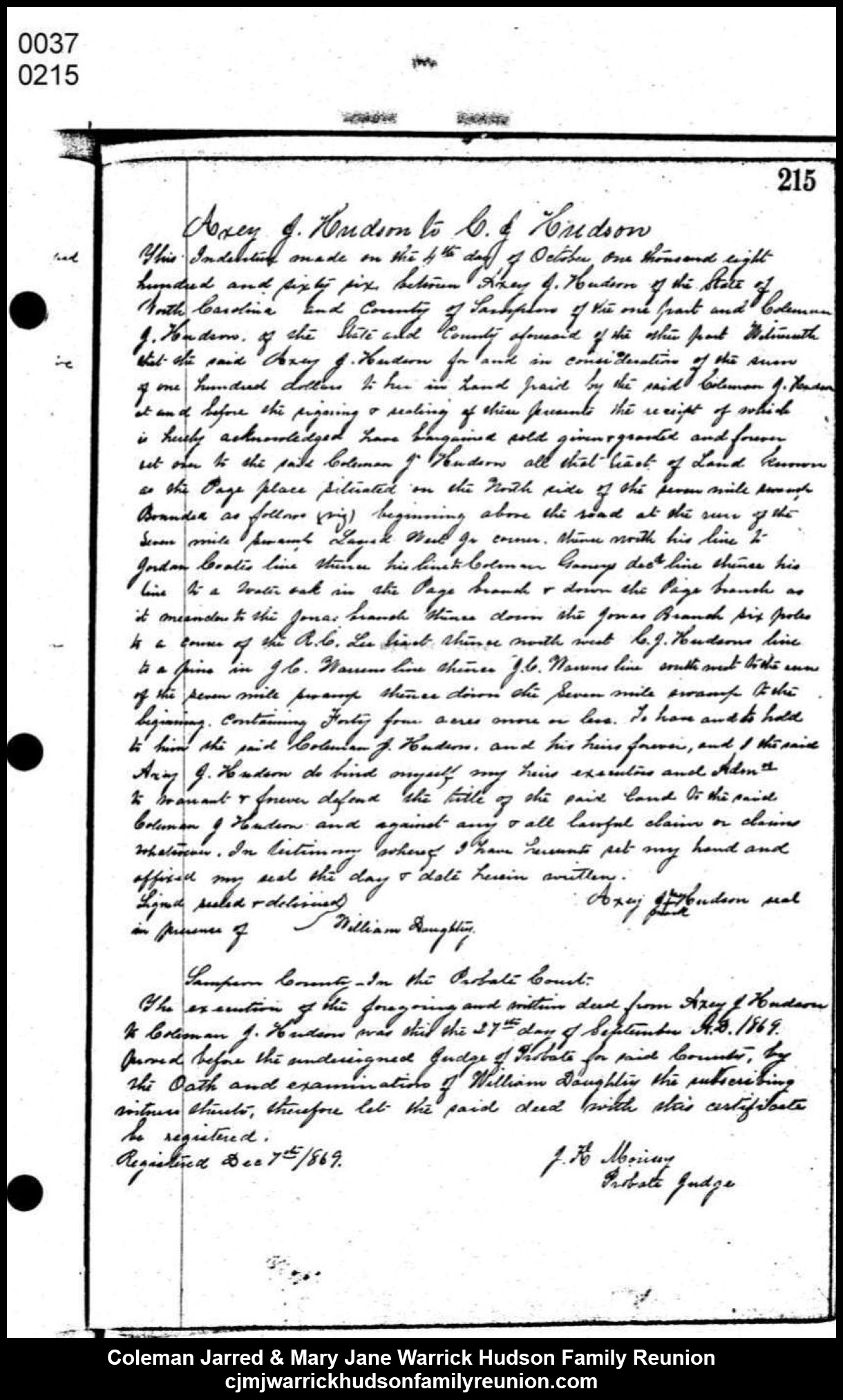 1869, 12-7 - Deed - Axey JANE Hudson to CJ
