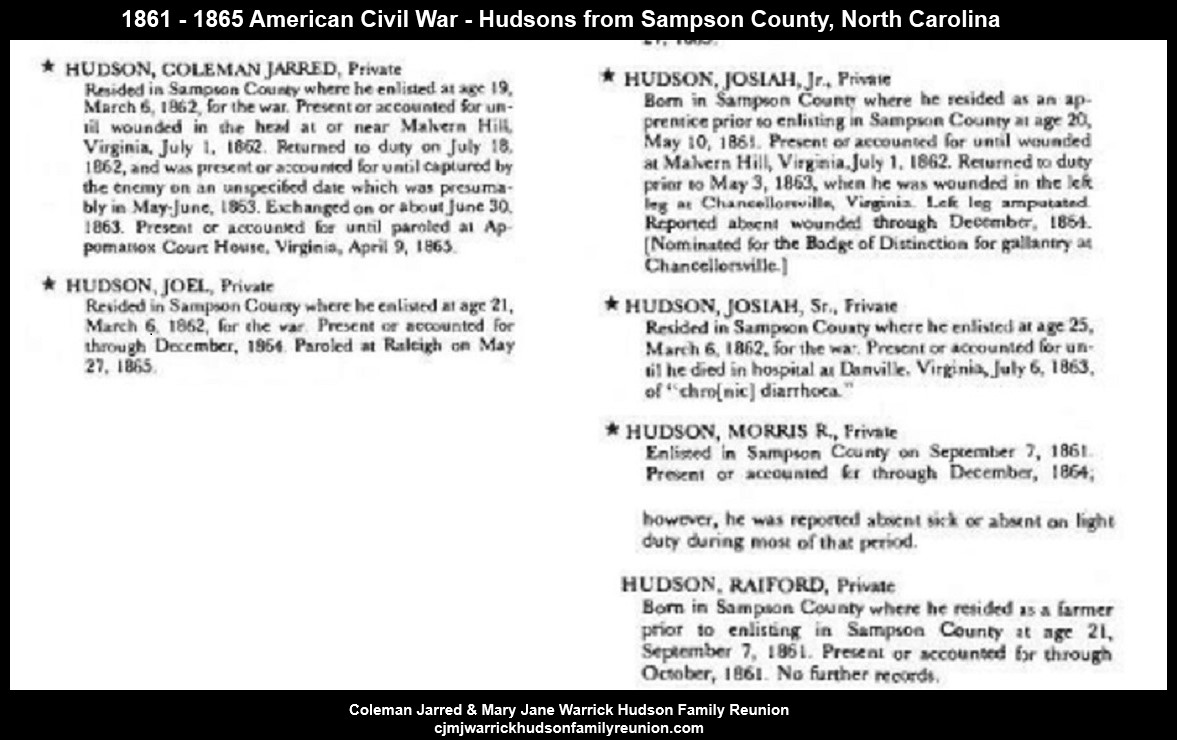 1861 - 1865 Civil War -  Hudsons from Sampson County