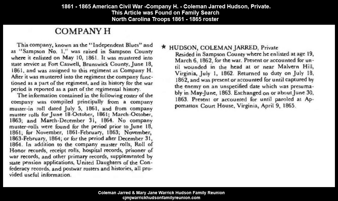 1861 - 1865 Civil War -Company H. - Coleman Jarred Hudson