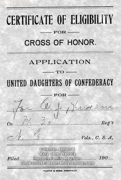 Southern Cross of Honor - C. J. Hudson - Application (page 1 of 2)