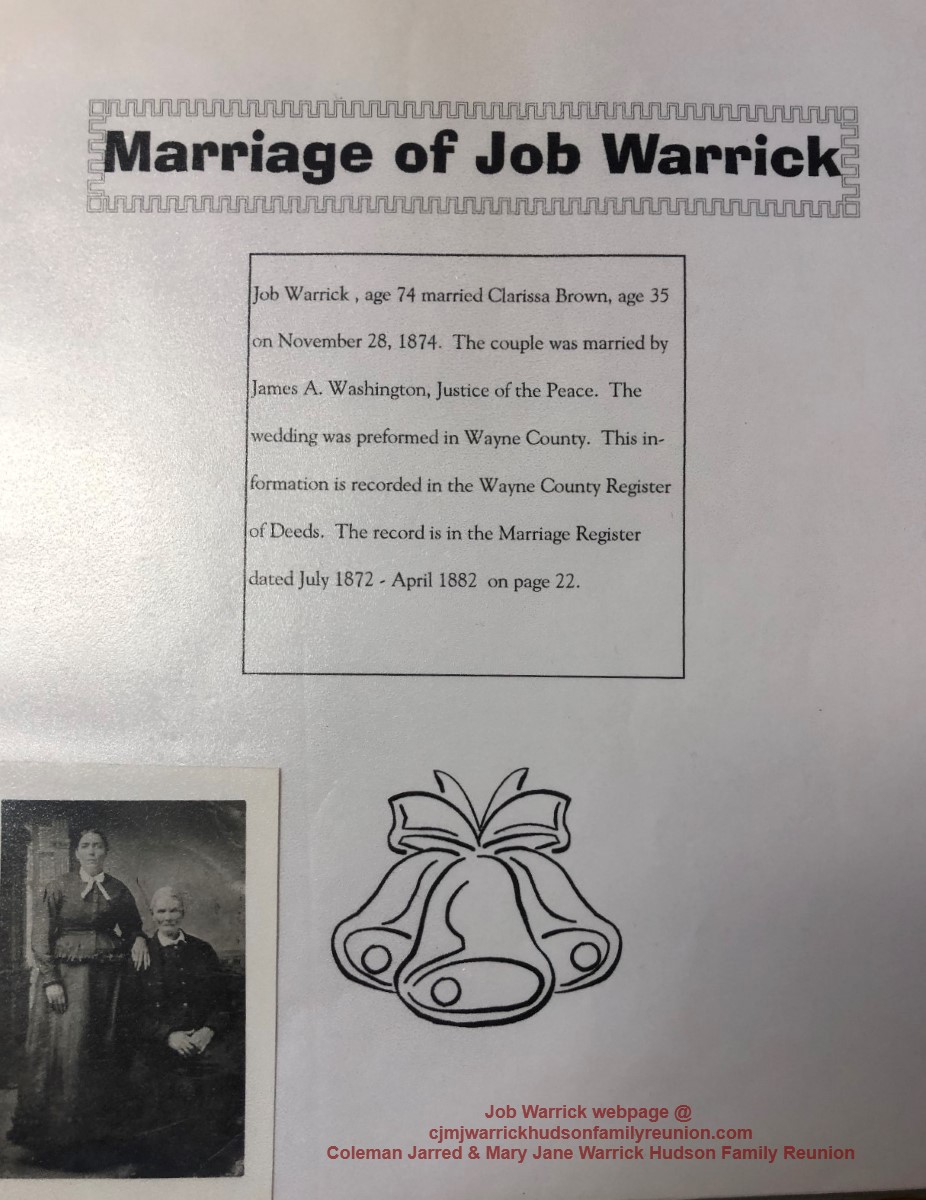 1874, 11-28 - Job [Sr.] and Clarissa (Clarsey) Brown Warrick - Marriage Announcement. 