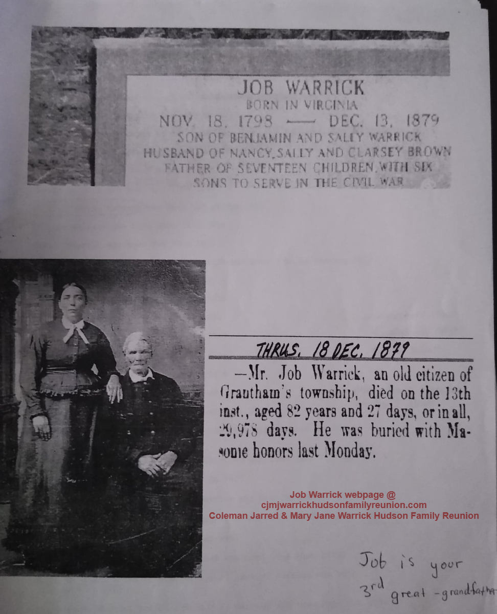 1879, 12-13 - Job Warrick [Sr.] - Death Notice.