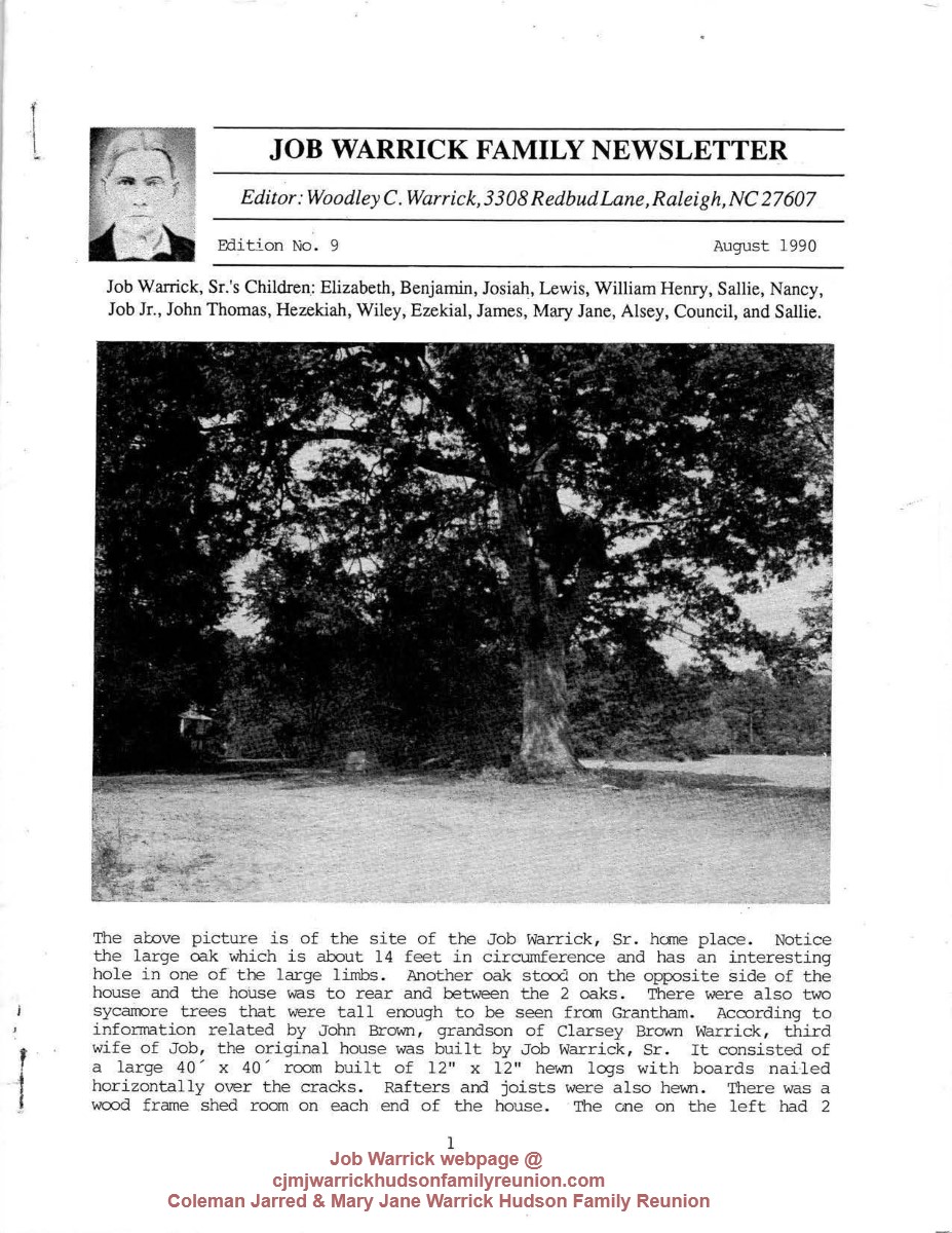 1990, Aug. - Job Warrick [Sr.] Family Newsletter (Page 1 of Edition No. 9).